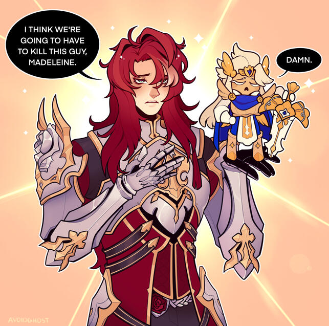 Meme Redraw of Argenti from Honkai Star Rail, and Madeleine Cookie from Cookie Run Kingdom