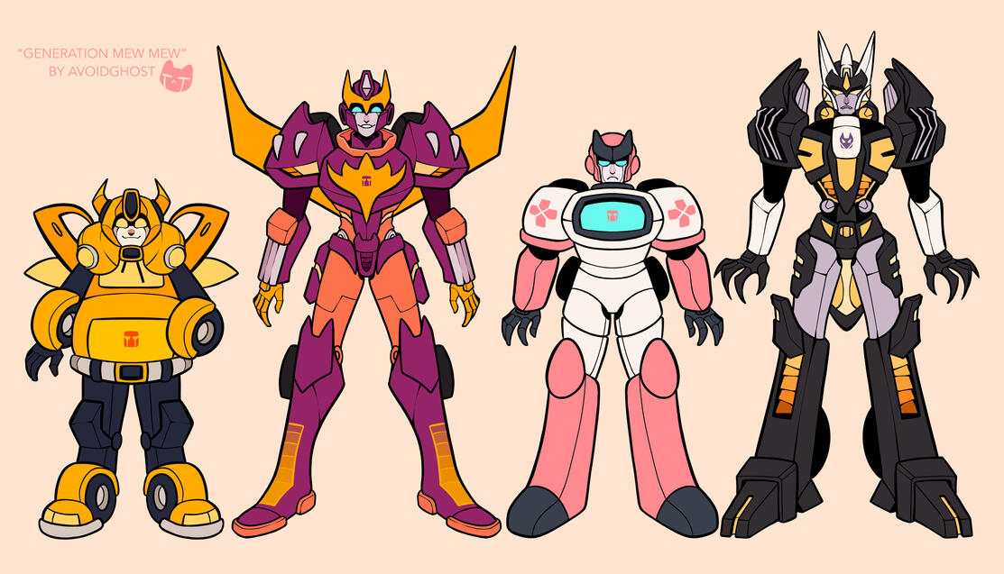 Personal Fan Continuity designs called "Generation Mew Mew" featuring Bumblebee Hot Rod/Rodimus, Ratchet, and Deadlock