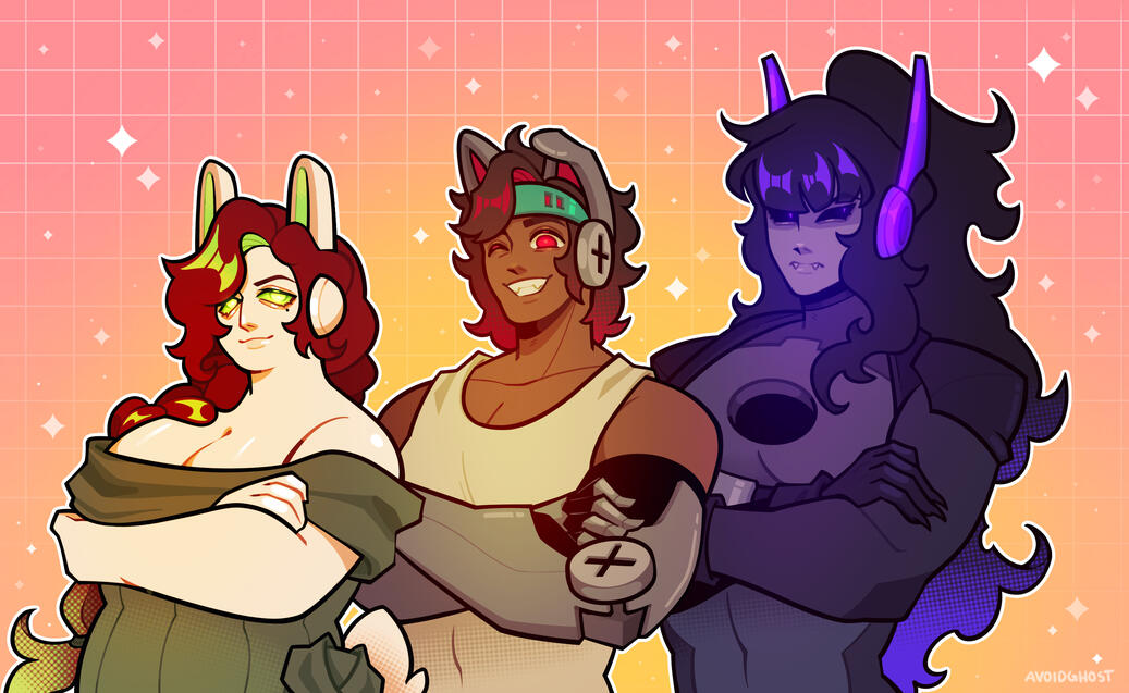 Characters (Rosie, Rodney, Ronin) from my visual novel in development, "Genesis Cosmic Odyssey"