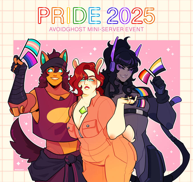 Pride Event in my Discord server using (outdated) designs of Rodney, Rosie, and Ronin -- Character's from my VN "Cosmic Genesis Odyssey"